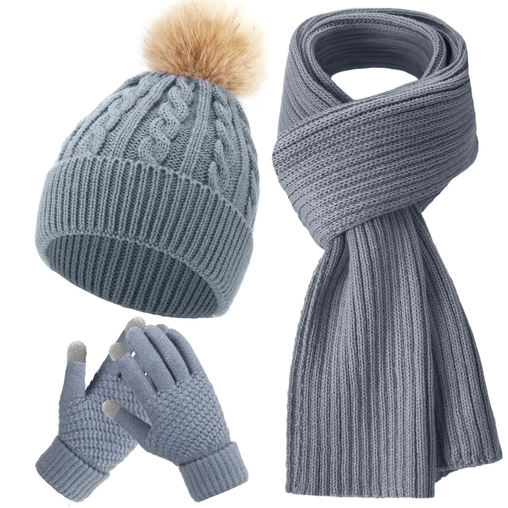 Ensemble Hiver 3 Pièces – Bonnet Pompon, Écharpe & Gants Chauds