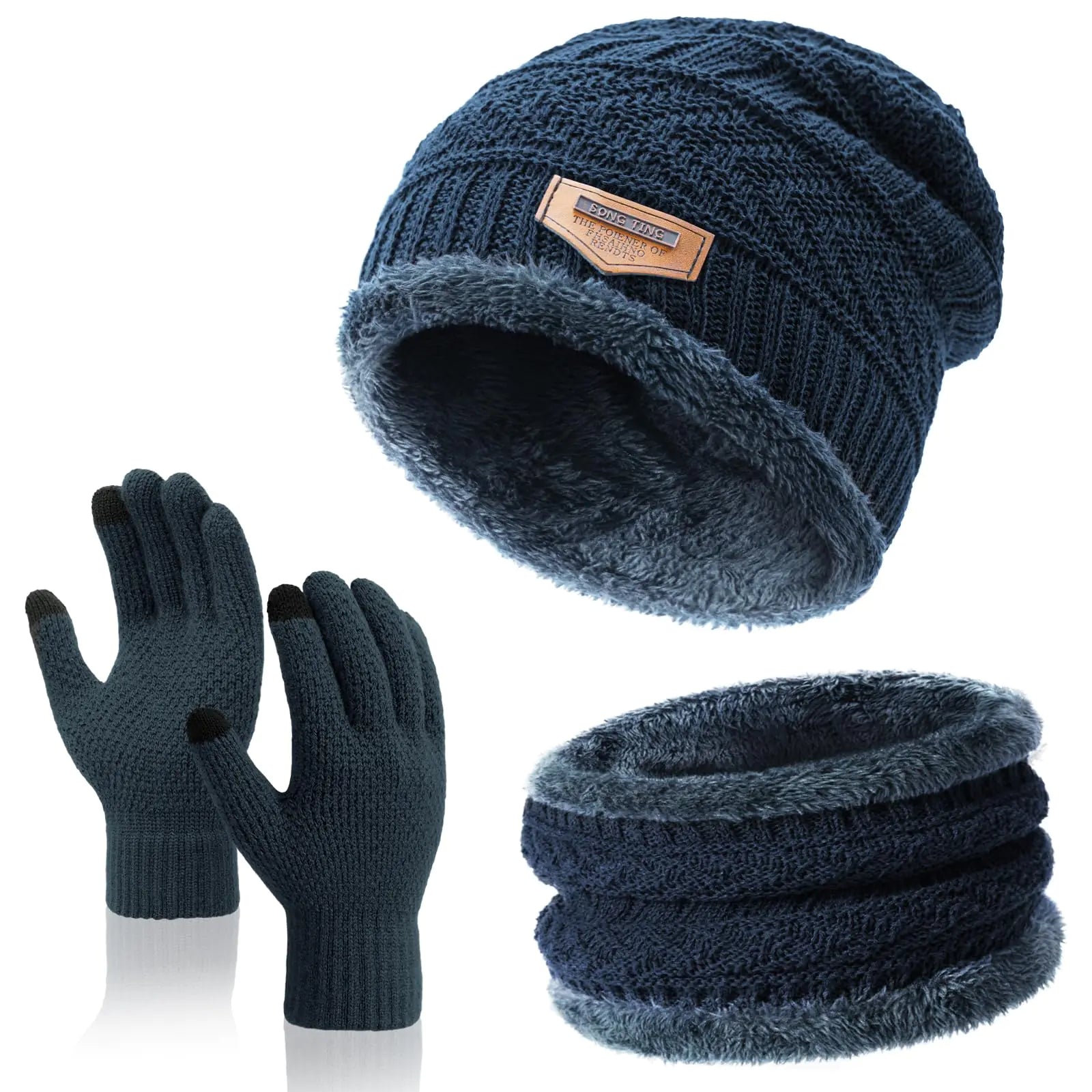 Set Hiver 3-en-1 – Bonnet Tricot, Gants Antidérapants & Écharpe Tube